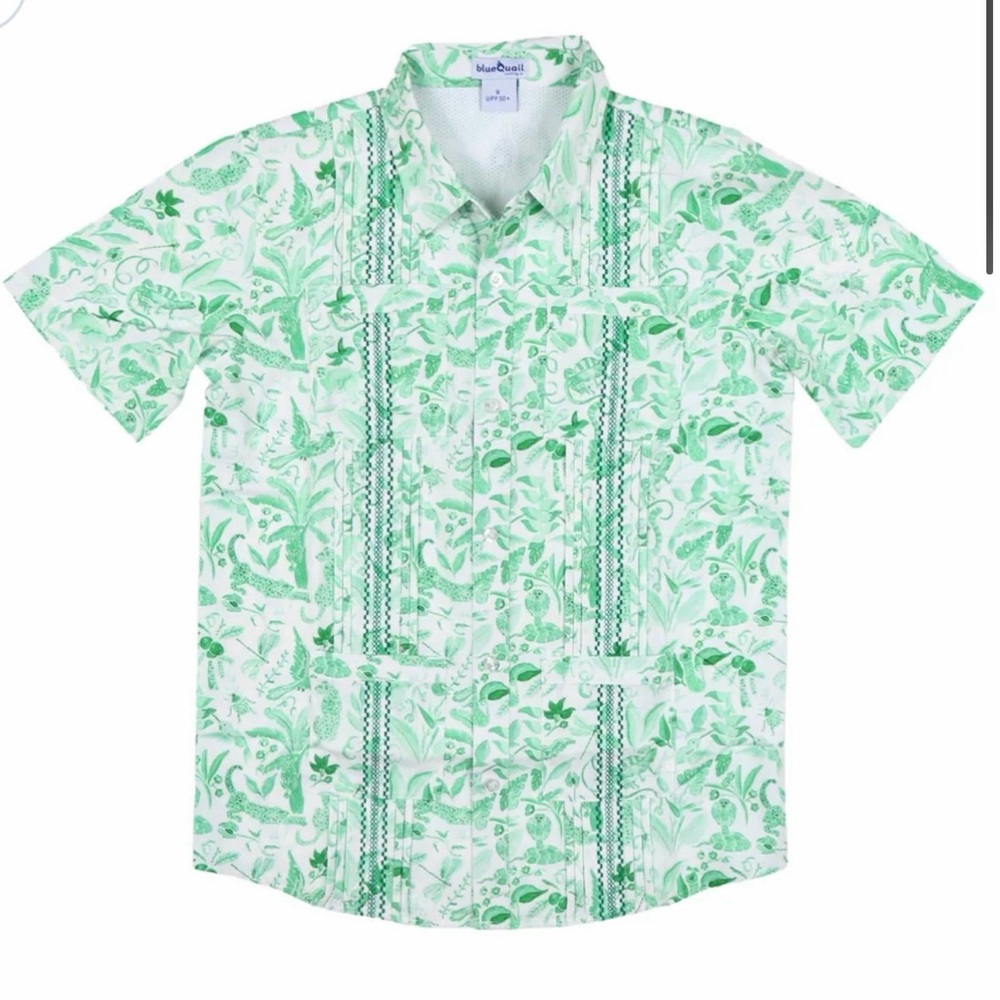 Tropical Green and White Button Down Shirt